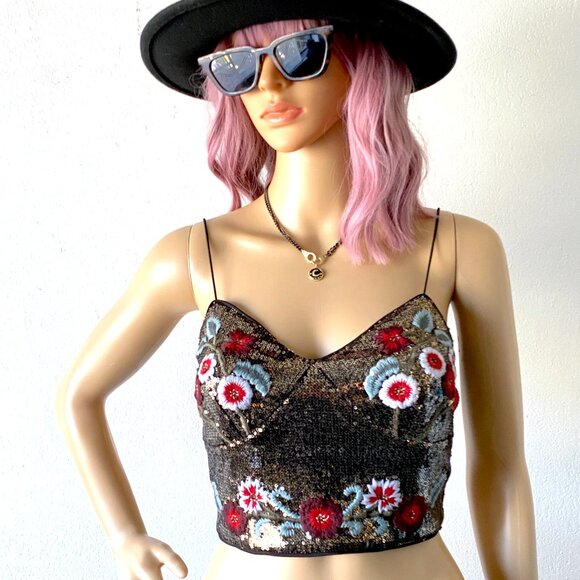 Embroidered Sequin Crop Top Cocktail Party Top Shiny Gold Crop Top Festival Glam - Picture 3 of 10